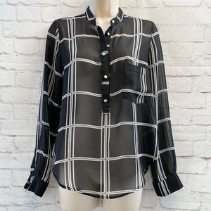 LOVE TREE Sheer Black White Windowpane Plaid Blouse Top S Long Sleeve Preppy